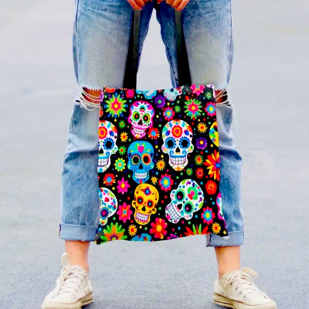 New - Vibrant - Large Capacity Sugar Skulls & Floral Pattern Tote Bag